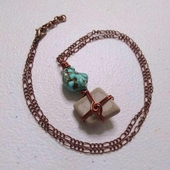 Beachy Boho Vibes! Sage Coast - Ceramic + Turquoise Magnesite + Copper Pendant - Picture 8 of 9
